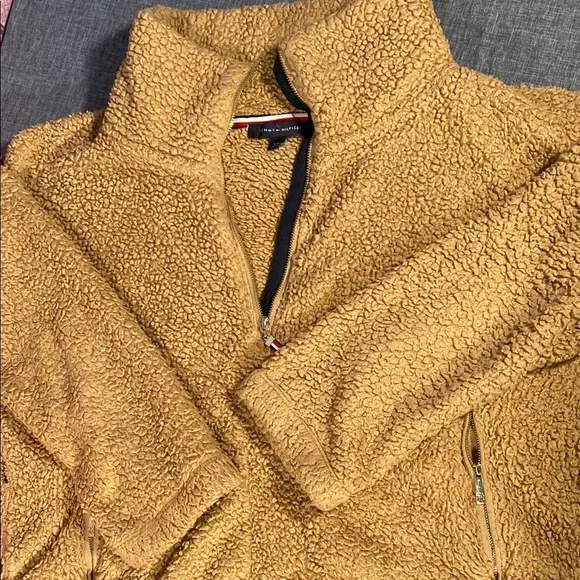 Tommy Hilfiger Tan Sherpa Fleece Pullover 1/4 Zip Large Cozy Winter Sweater - Picture 7 of 10